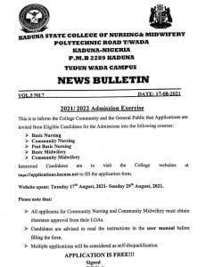 Kaduna State College of Nursing and Midwifery Application Form 2021/2022, Programmes Available, Closing Date, Entrance Exams Date, Interview Date, School Fees, KSCNM Tudun wada & Kafanchan Admission Portal 2021 | http://applications.kscnm.net