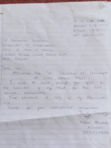 format of the letter of collection of Kaduna State CSC Certificate