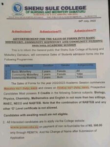 YCNM Damaturu Admission Form into Basic/Community Midwifery & Community Nursing 2022/2023