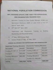 NPC Updated Training Timetable for Enumerators & Supervisors April 2023